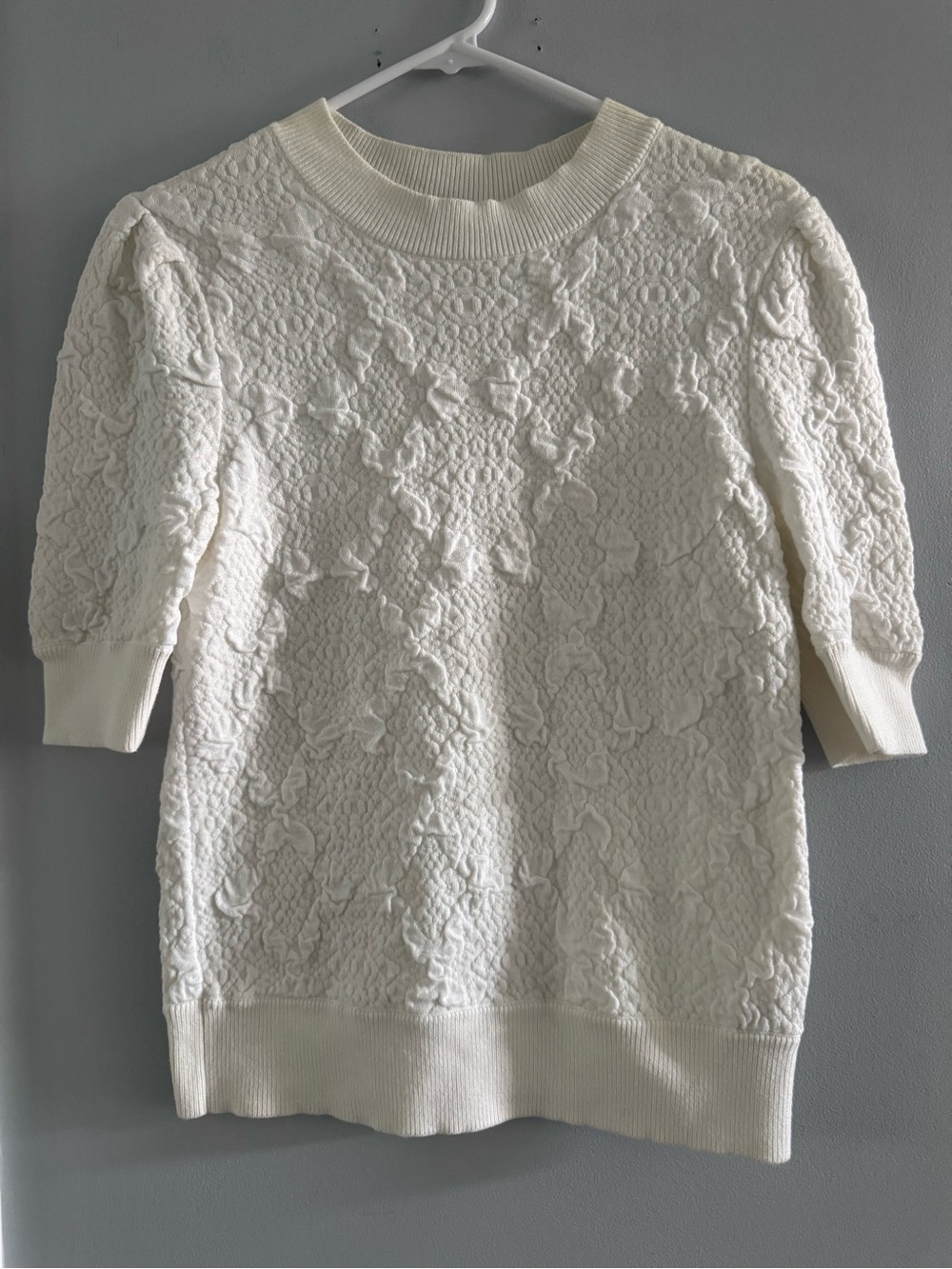 Free People Ivory Textured Short Sleeve Sweater Top XS Cotton Blend Boho